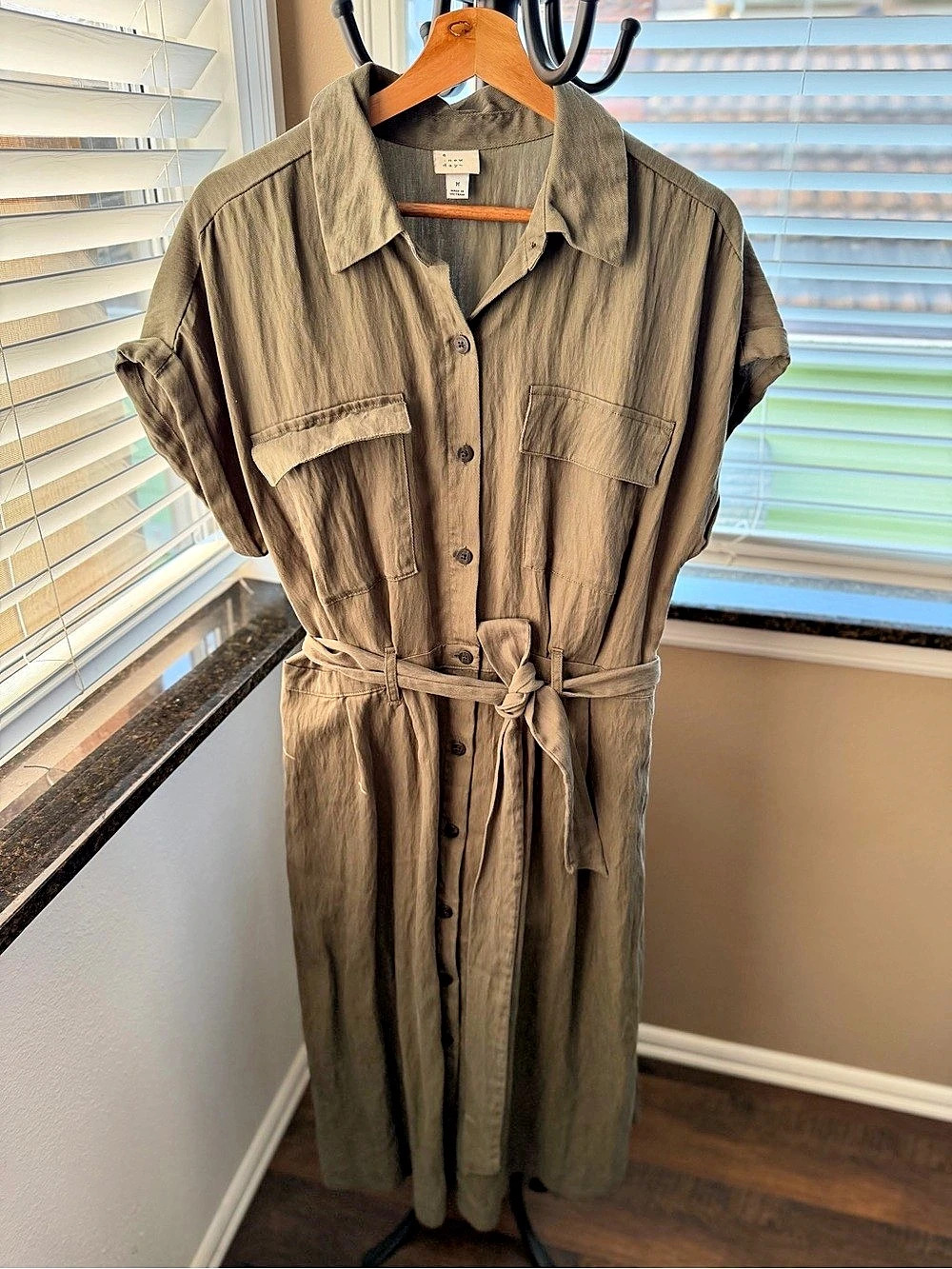 A New Day Short-Sleeve Midi Utility Shirtdress Olive Green Medium